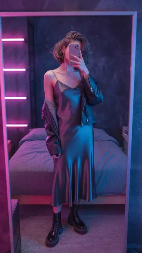 Silky slip dress with leather jacket - edgy birthday outfit idea for women