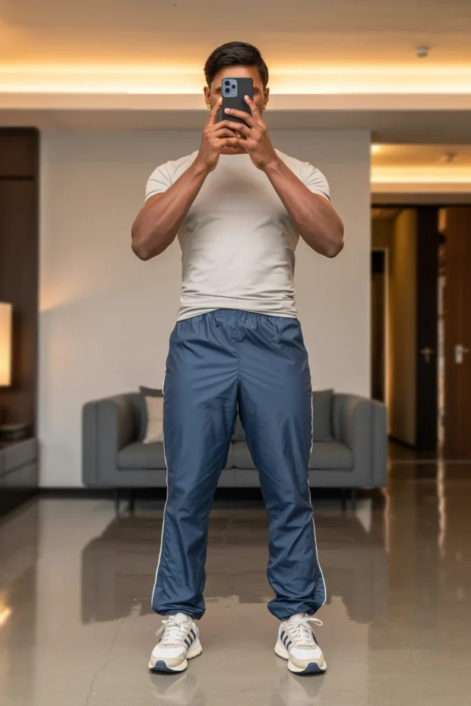 Sporty navy track pants and a fitted light grey t-shirt, defining athletic Summer Streetwear Outfits for Men.