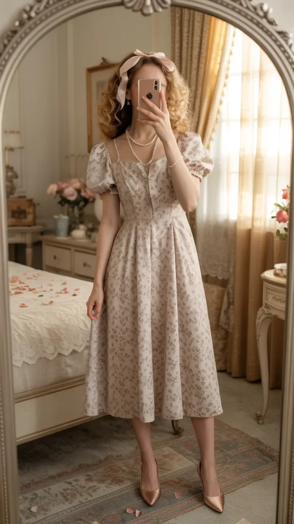 Floral vintage tea dress with puff sleeves - romantic birthday outfit idea for women