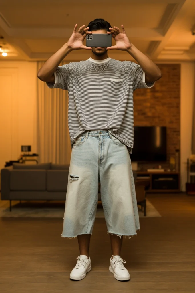 Striped tee with oversized vintage wash denim jorts, a retro vibe for Summer Streetwear Outfits for Men.