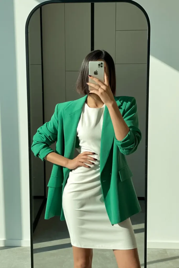 A white bodycon dress with a bold green blazer, a striking entry for 15 White Dress Outfit Ideas.