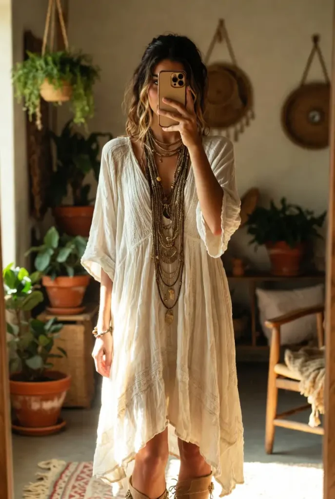Boho style with layered necklaces, part of our 15 White Dress Outfit Ideas for a relaxed summer look.