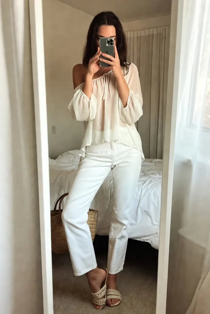 White Jeans + Off-Shoulder Top for summer