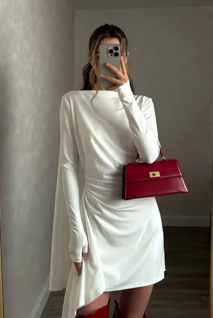 Long sleeve white dress with a statement bag; a bold look for 15 White Dress Outfit Ideas.