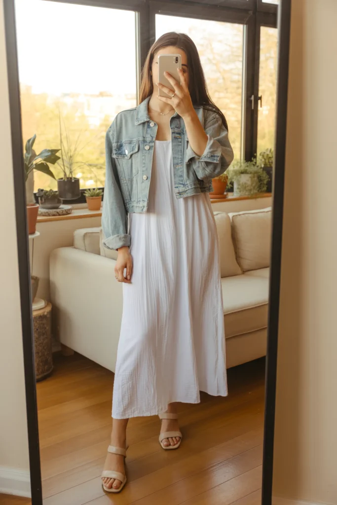 Casual white maxi dress and denim jacket combo from our 15 White Dress Outfit Ideas guide.