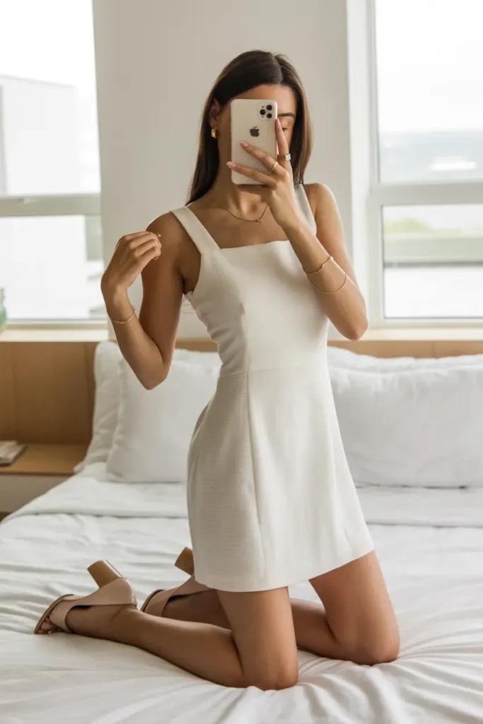 Minimalist white mini dress and nude heels; a classic look from our 15 White Dress Outfit Ideas.