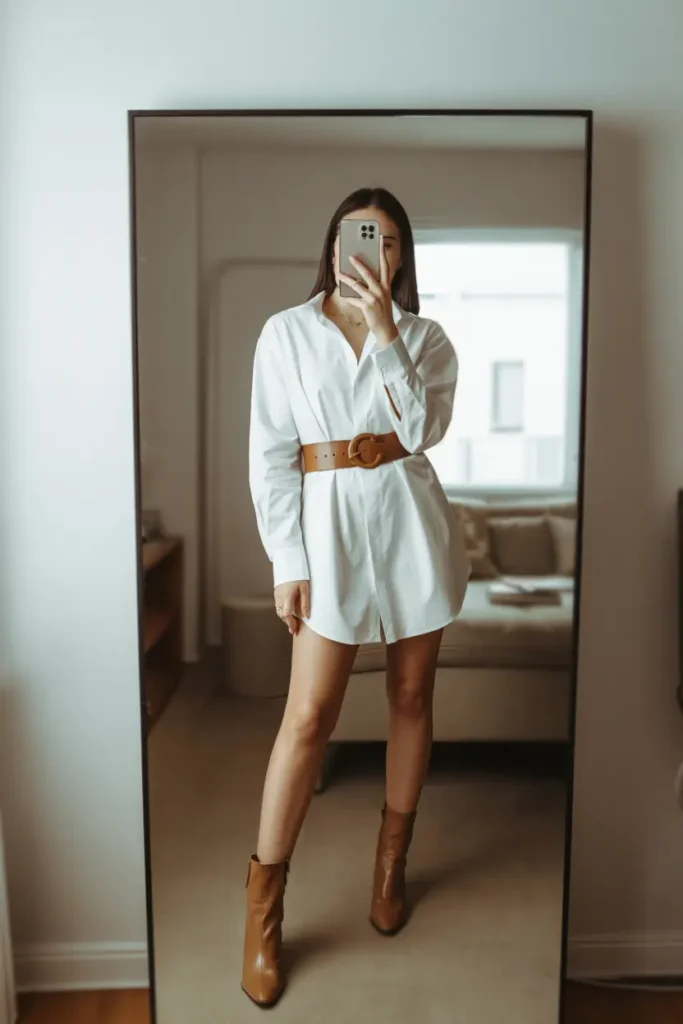 Chic white shirt dress with a brown belt and boots, featuring top 15 White Dress Outfit Ideas.