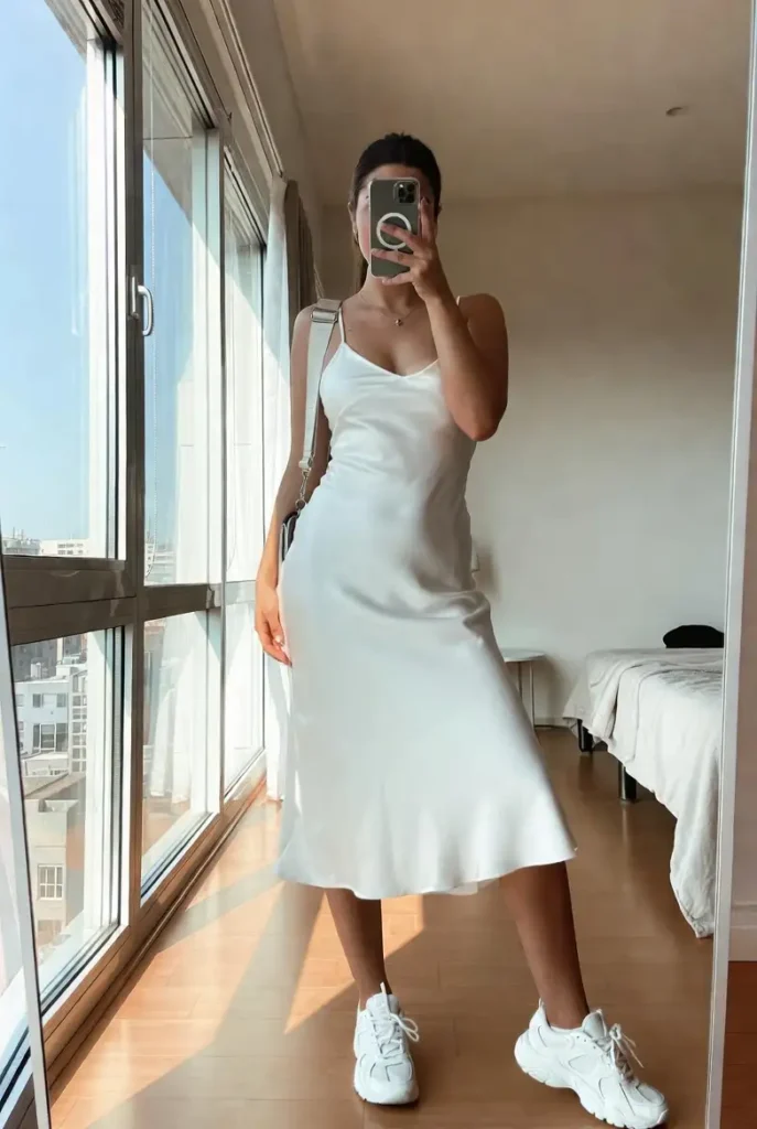 Sporty white slip dress with sneakers, highlighting versatile 15 White Dress Outfit Ideas.