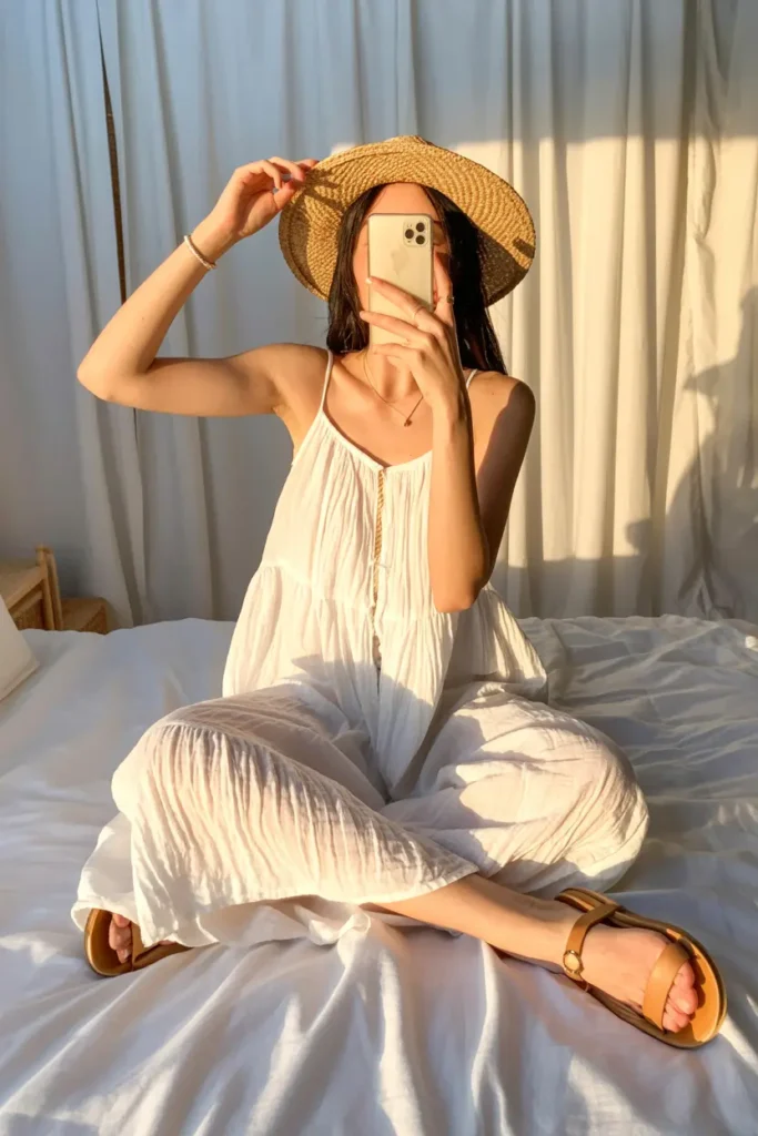 Sunny white sundress and straw hat, perfect for seasonal 15 White Dress Outfit Ideas.