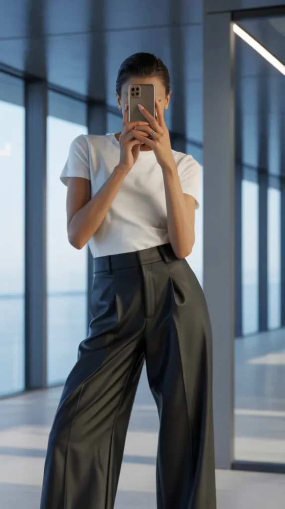 White tee tucked into high-waisted black trousers in 10 Cute Simple Outfit Ideas.