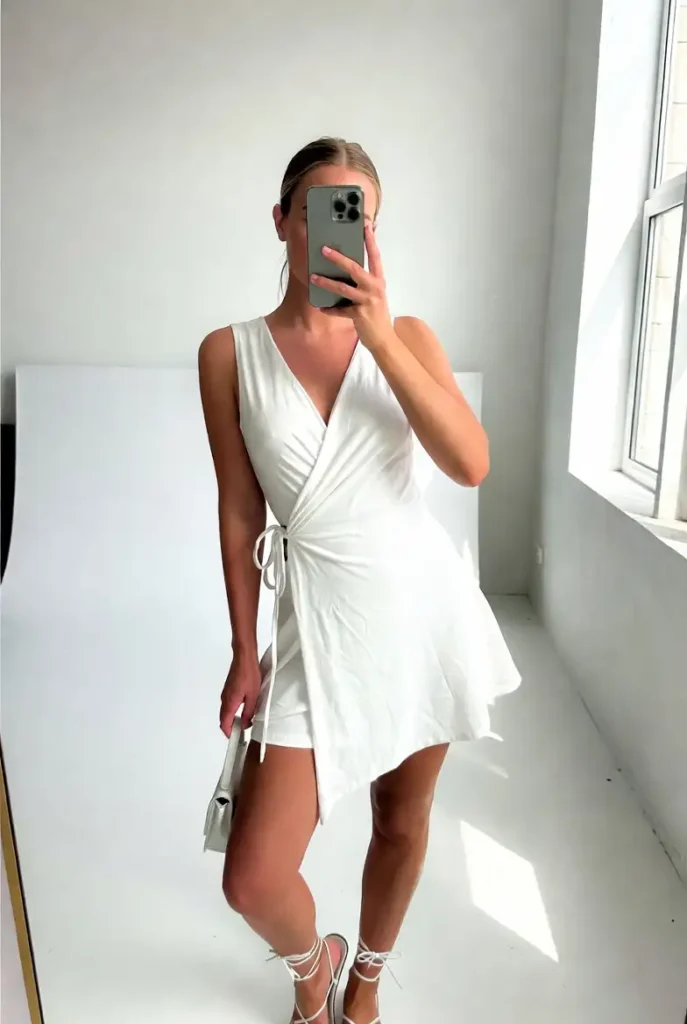 Flattering white wrap dress and strappy sandals, a versatile pick for 15 White Dress Outfit Ideas.