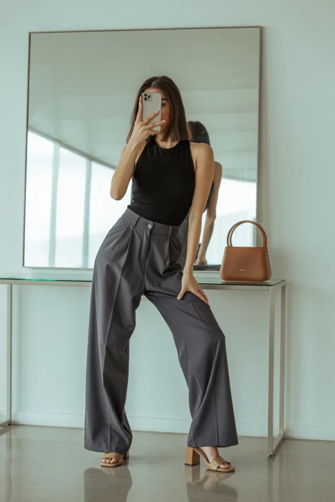 A black bodysuit and grey trousers, showcasing minimalist Casual Classy 20th Birthday Outfit Ideas.