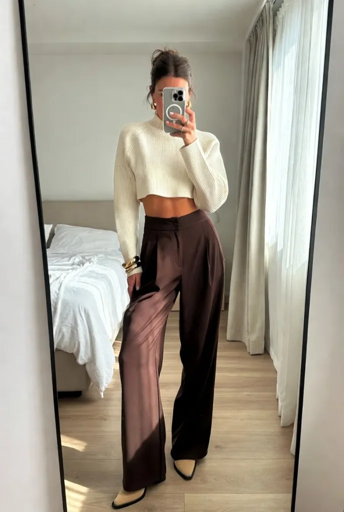 Chic cropped white sweater with wide-leg brown trousers and heels for 10 Brunch Outfit Ideas for Winter.