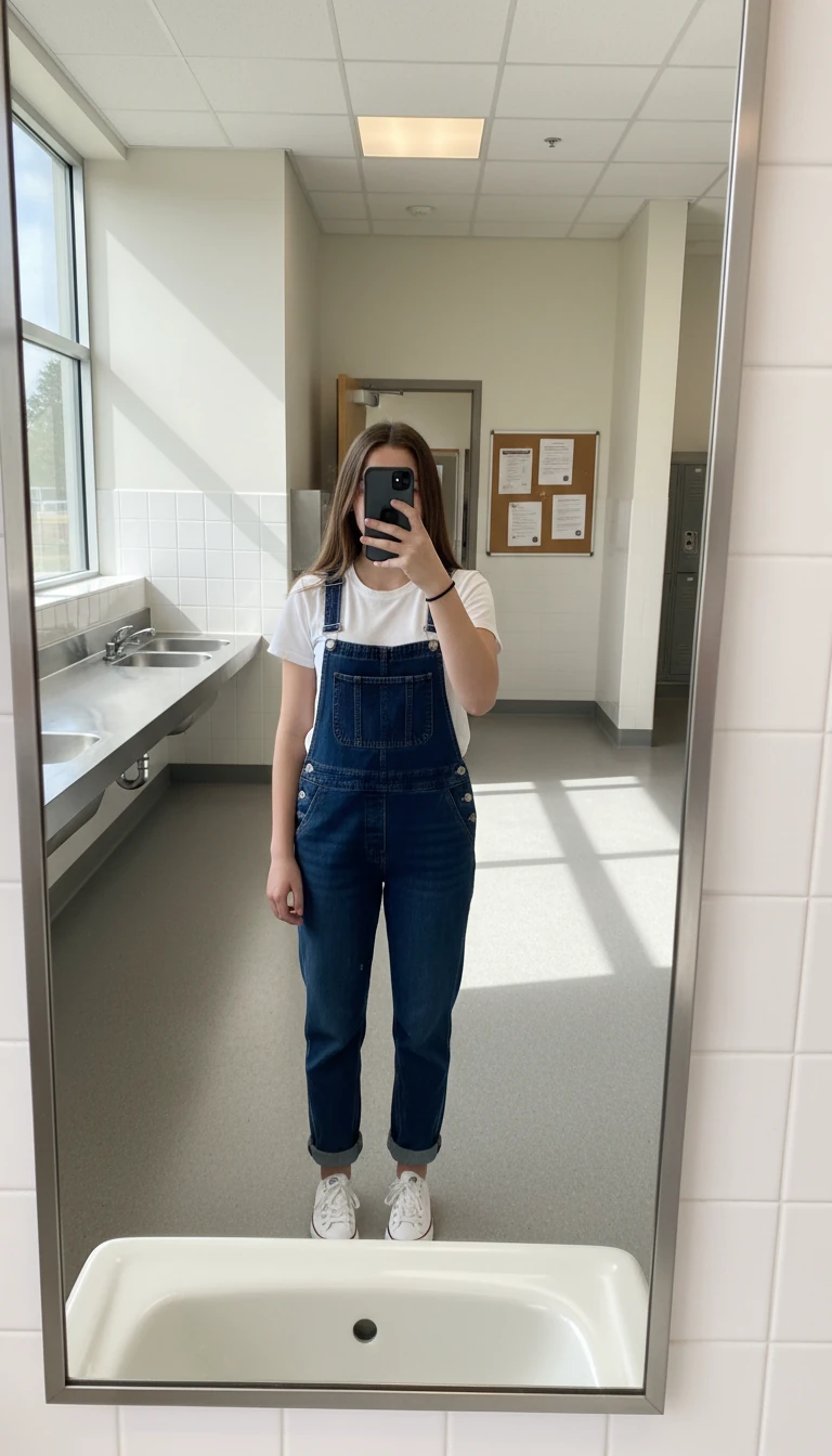 Artsy girl in white shirt, denim overalls, and canvas sneakers. Creative White Shirt Outfit Ideas for School.