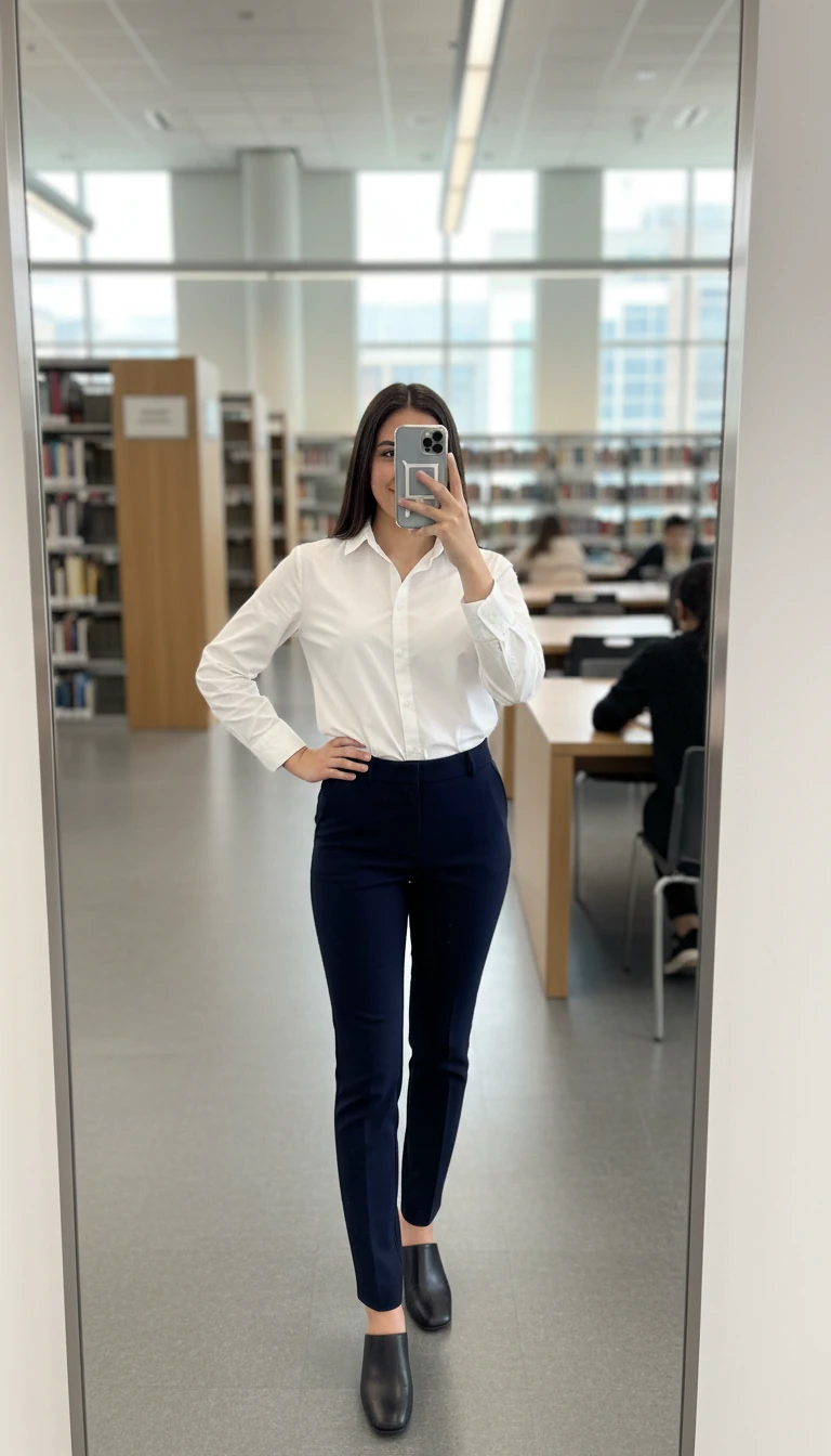 Business casual girl in white shirt, tailored trousers, and mules. Smart White Shirt Outfit Ideas for School.
