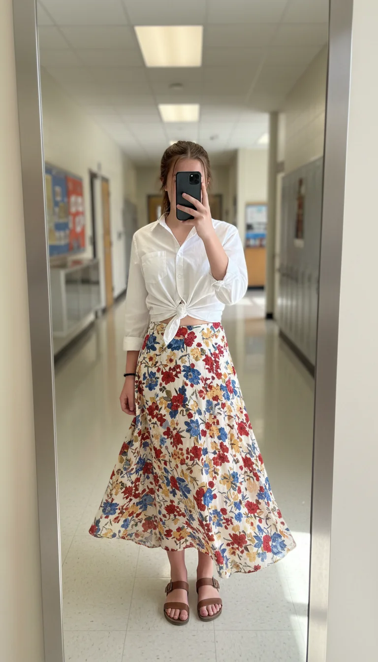 Boho girl in white shirt, floral maxi skirt, and sandals. Flowy White Shirt Outfit Ideas for School.