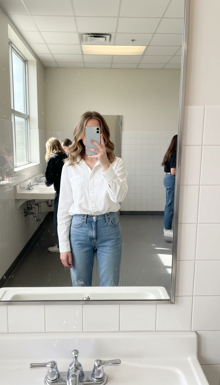 Teenage girl in classic white shirt, denim jeans, and sneakers. Perfect White Shirt Outfit Ideas for School