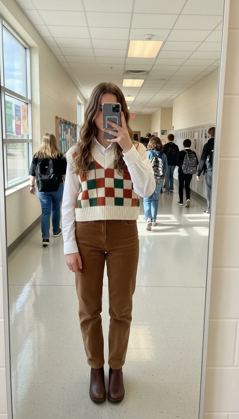 Cozy girl in white shirt, knit vest, and corduroy pants. Warm White Shirt Outfit Ideas for School.