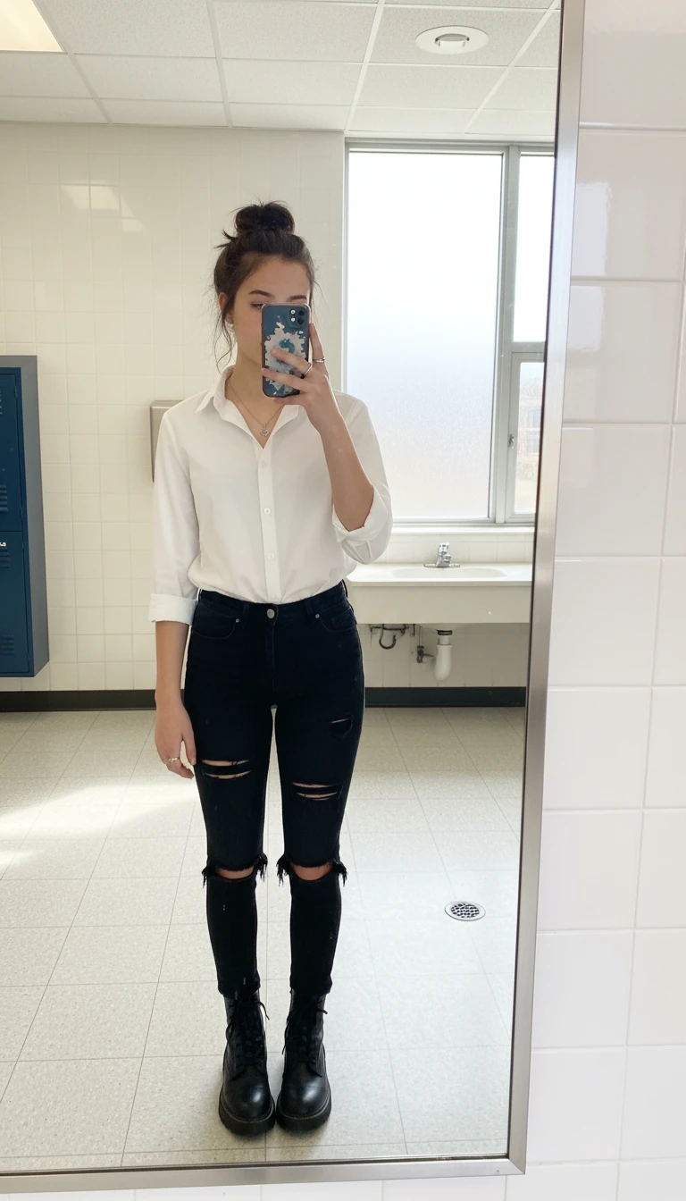 Edgy girl in white shirt, black ripped jeans, and combat boots. Cool White Shirt Outfit Ideas for School.