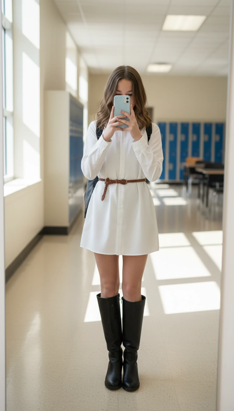 Elegant girl in white shirt dress, belt, and knee-high boots. Chic White Shirt Outfit Ideas for School