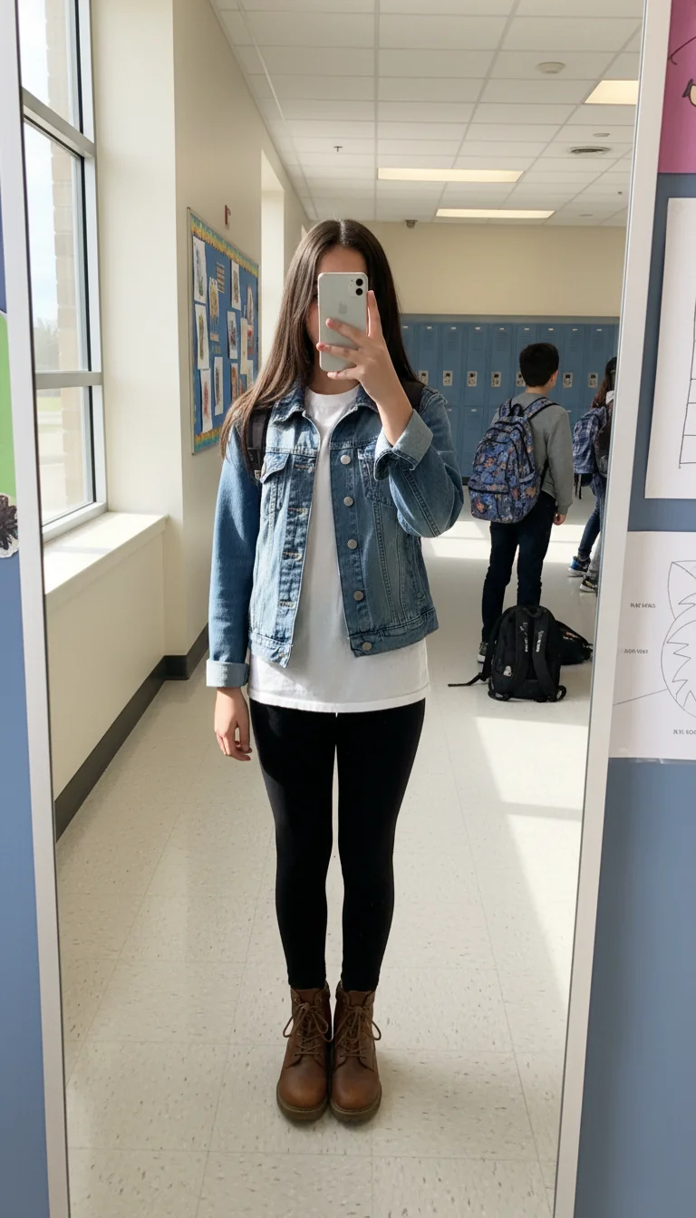 Layered look with white shirt, denim jacket, leggings, and boots. Versatile White Shirt Outfit Ideas for School.