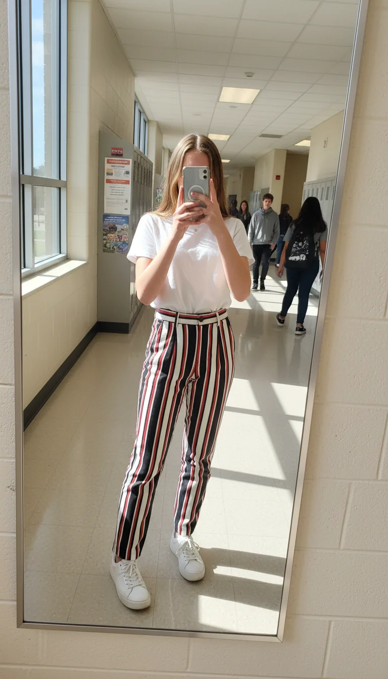 Playful girl in a white shirt, patterned trousers, and white sneakers. Fun White Shirt Outfit Ideas for School