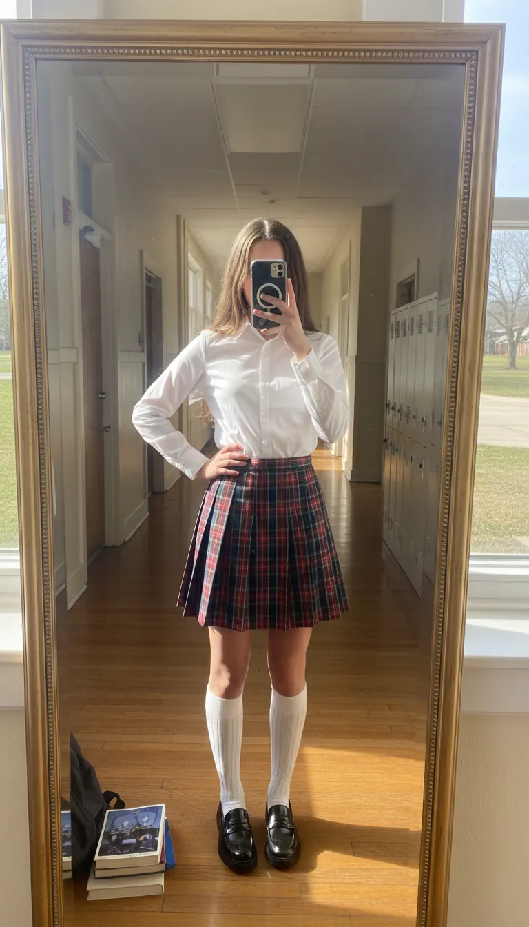 Preppy girl in white shirt, pleated skirt, and loafers. Stylish White Shirt Outfit Ideas for School.