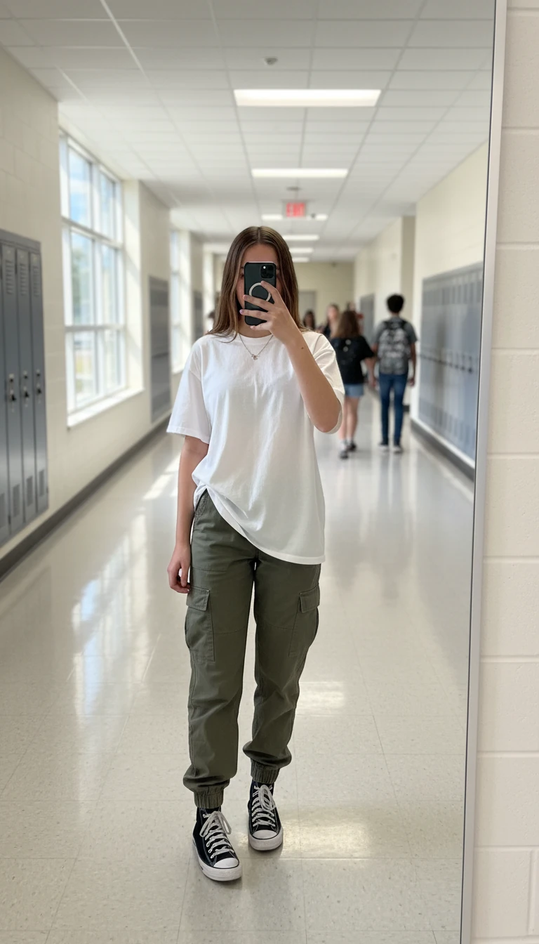 Skater girl in white shirt, cargo pants, and high-top sneakers. Laid-back White Shirt Outfit Ideas for School