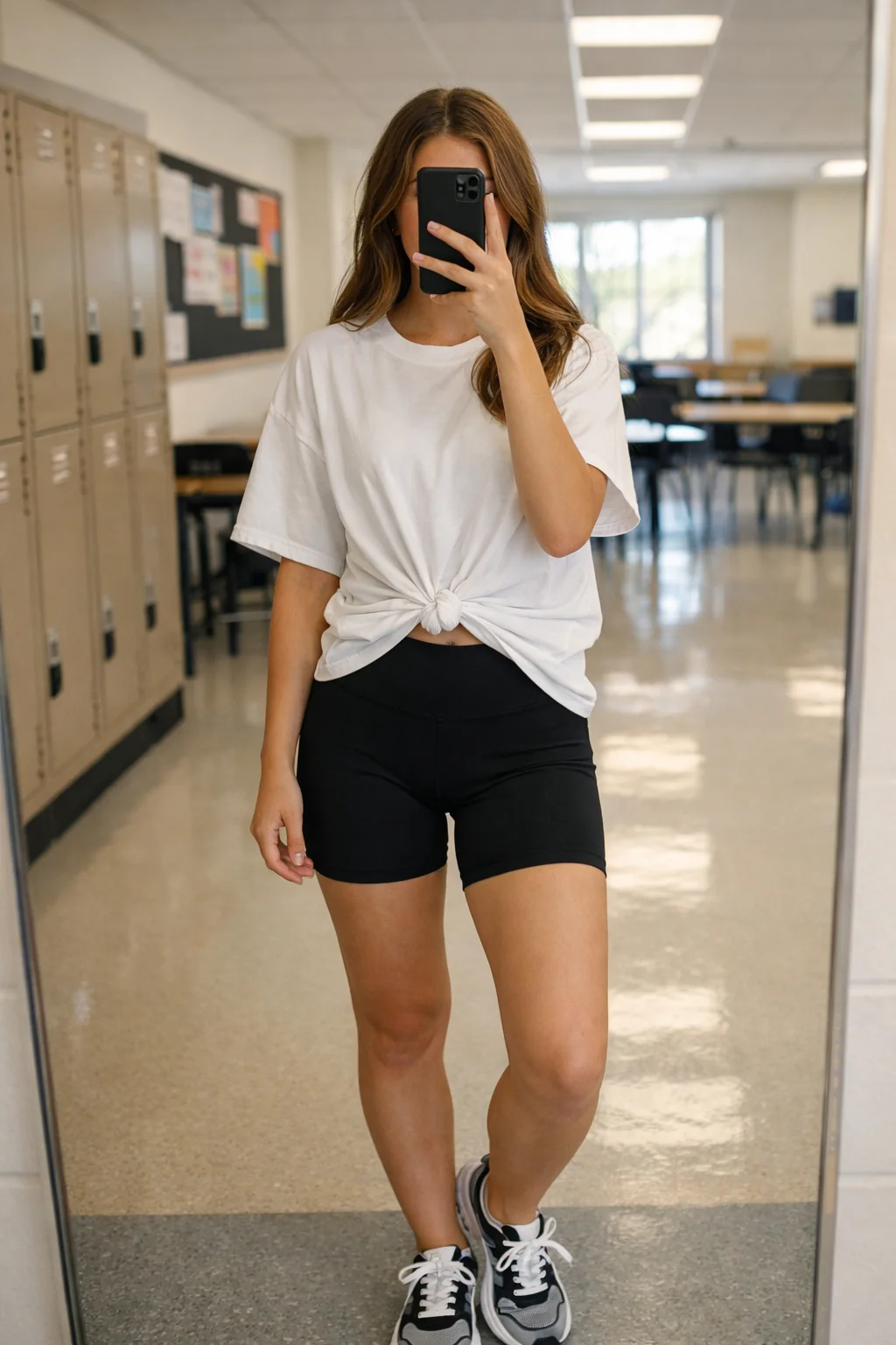 Sporty girl in oversized white shirt, bike shorts, and sneakers. Comfy White Shirt Outfit Ideas for School.