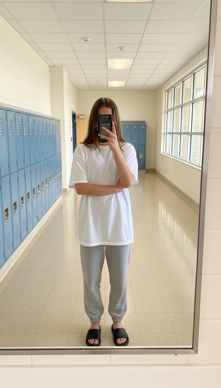 Comfy girl in oversized white shirt, sweatpants, and slides. Relaxed White Shirt Outfit Ideas for School