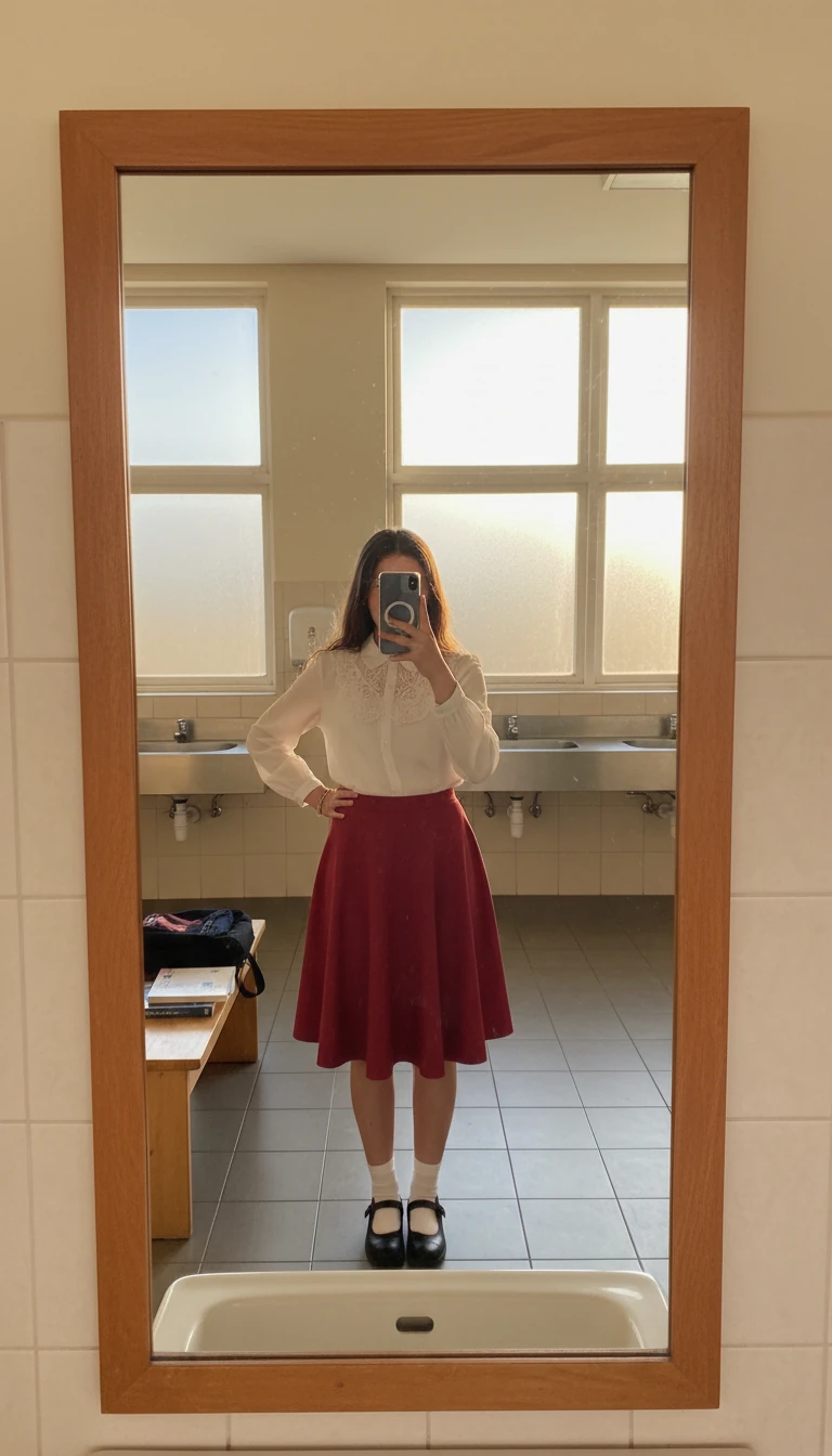 Vintage girl in white shirt, A-line skirt, and Mary Janes. Retro White Shirt Outfit Ideas for School.