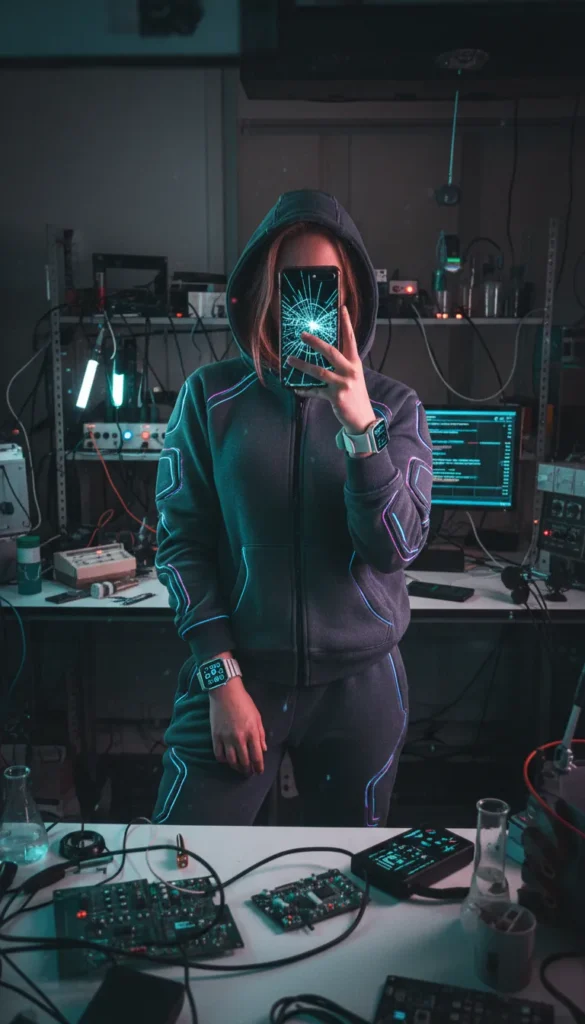 "Chrome plated diva in 16 Cyberpunk Outfit Ideas: full mirror chrome bodysuit and helmet, white corridor"