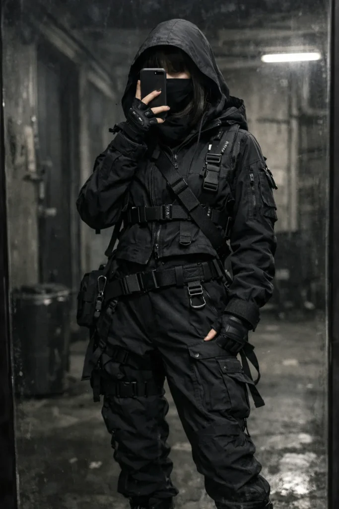 "Corporate netrunner in 16 Cyberpunk Outfit Ideas: black patent blazer, pencil skirt, holographic heels"