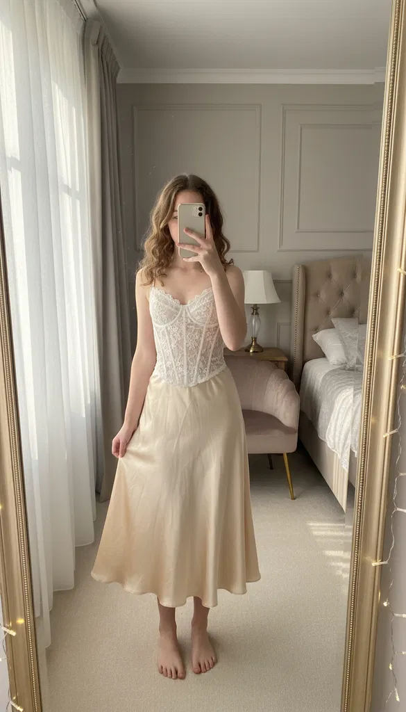 Girl in white lace corset top and champagne satin midi skirt mirror selfie — from 17 outfit ideas for 16th birthday