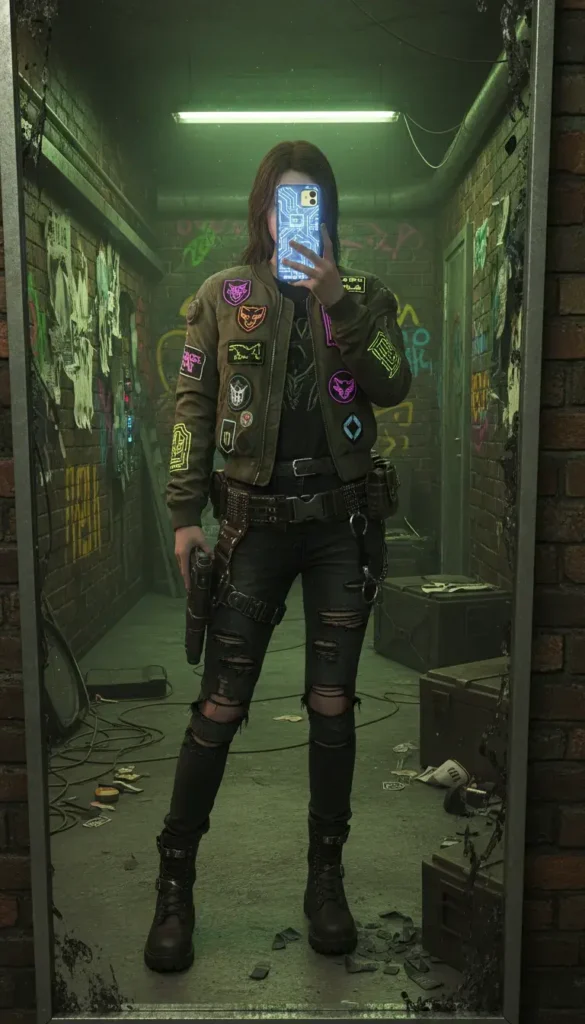 "High tech hiker in 16 Cyberpunk Outfit Ideas: silver reflective jacket, black cargo pants, backpack"