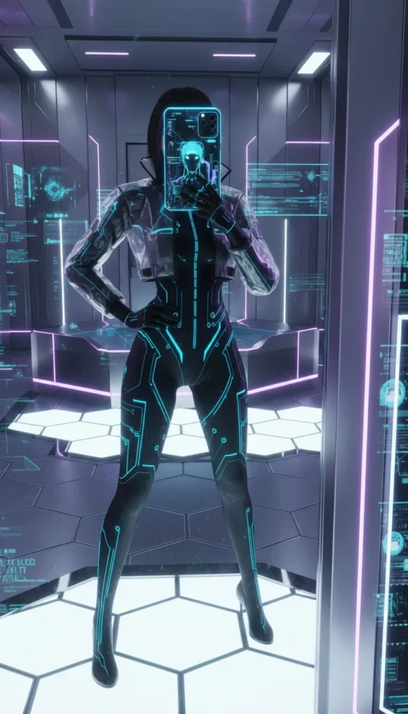  "Night city socialite in 16 Cyberpunk Outfit Ideas: silver metallic gown with glowing neon bracelets"