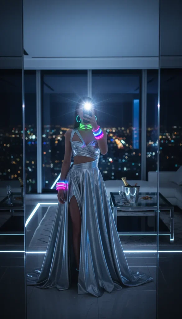  "Retro futurist gamer in 16 Cyberpunk Outfit Ideas: cyberpunk graphic tee, visor shades, retro game room"
