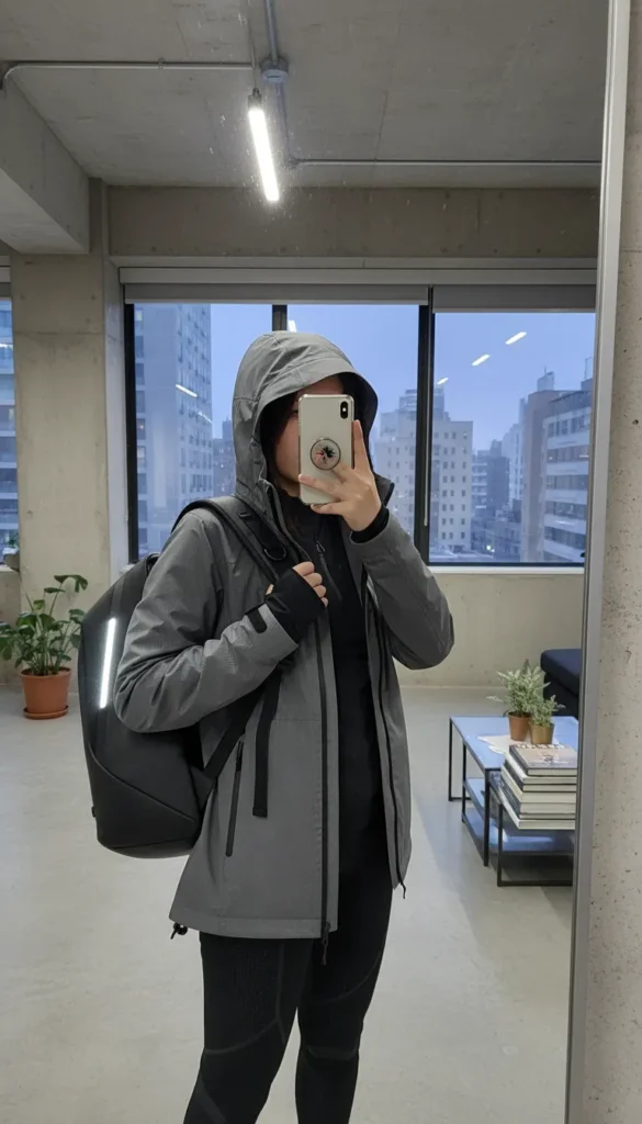 "Synthwave dreamer in 16 Cyberpunk Outfit Ideas: pastel marble windbreaker, white leggings, neon room"