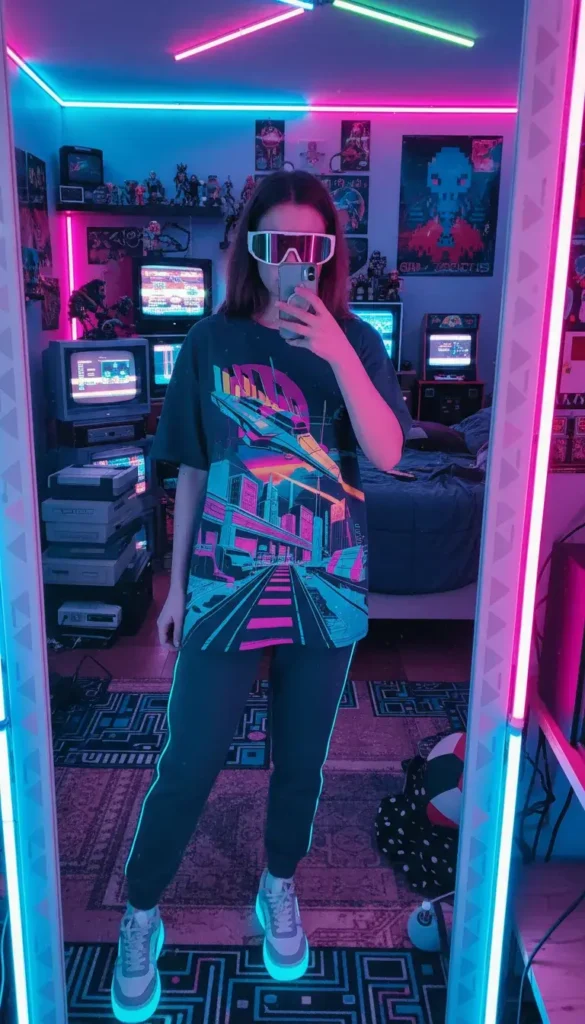 "Urban explorer in 16 Cyberpunk Outfit Ideas: black tactical skirt, hooded bomber, neon-lit cyber den"