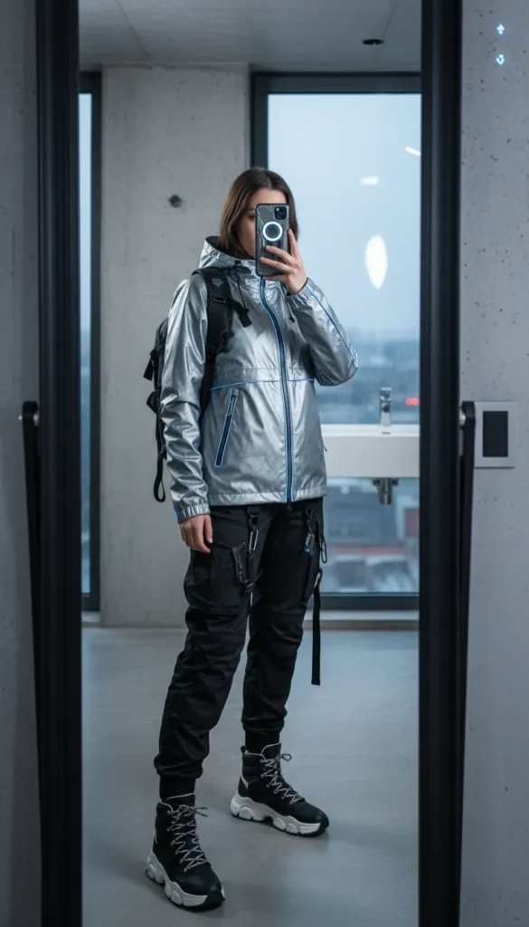 "Virtual reality vixen in 16 Cyberpunk Outfit Ideas: teal circuit bodysuit in a futuristic VR chamber"