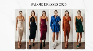 Six sleek baddie dresses in neutral, black, burgundy, blue, orange, and green tones, titled Baddie Dresses 2026 — core of 10 Aesthetic Baddie Outfit Ideas.