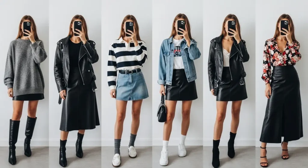 Grid collage of stylish mirror selfies displaying various Black Leather Skirt Outfit Ideas with different tops and shoes.