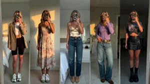 Mirror selfie collage showing 5 casual outfit ideas for 18th birthday including blazer, sundress, jeans, and leather skirt looks.
