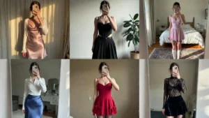 collage of 10 coquette outfit ideas by color featuring pink, black, red, and blue aesthetic mirror selfie looks.