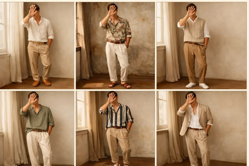 10 Cottagecore Outfit Ideas for Men collage showing 6 casual earthy looks with linen shirts, chinos, and suits