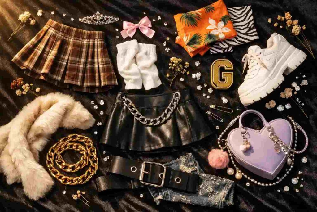 Flat lay of gyaru accessories including plaid skirt, heart bag, gold chains, and platform sneakers for 10 gyaru outfit ideas.