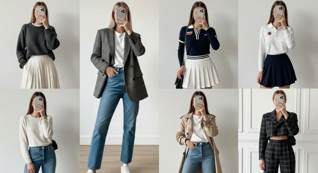 Collage of women in various preppy looks taking mirror selfies, showcasing 10 Preppy Outfit Ideas.