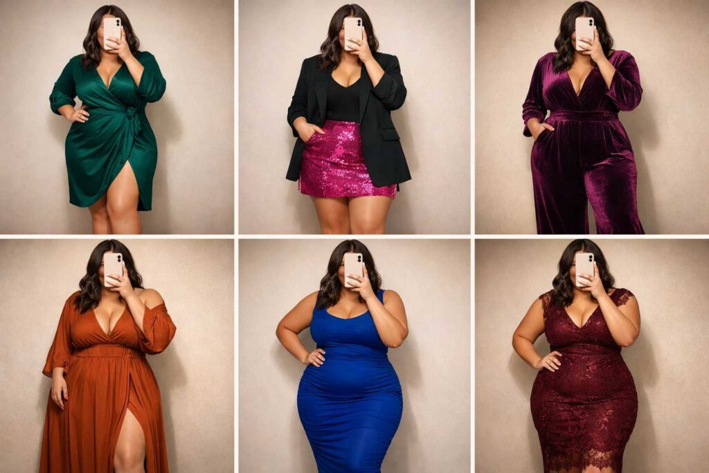 Six birthday outfit ideas for plus-size women shown in a collage of jewel-toned dresses and party-ready looks.