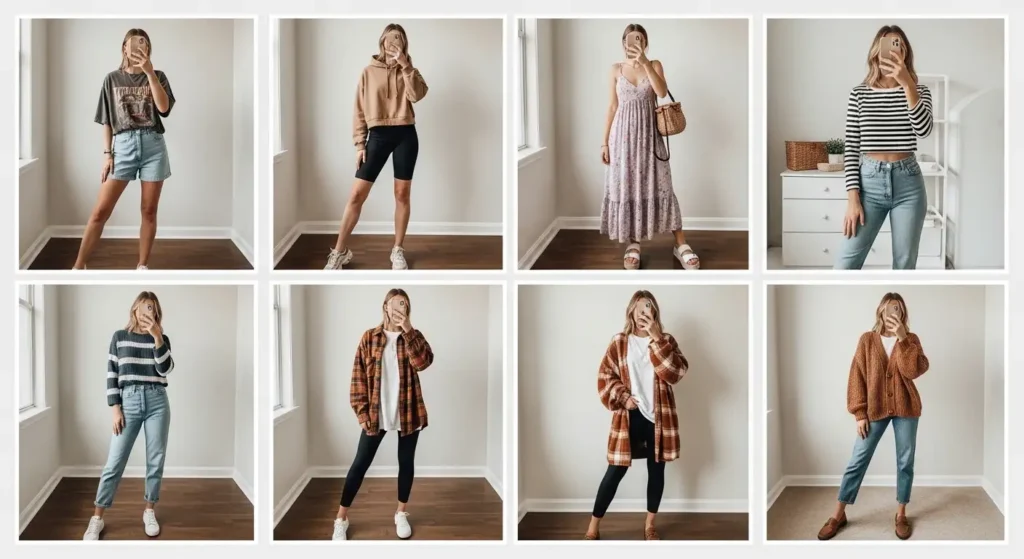 A collage of 10 VSCO outfit ideas featuring mirror selfies with casual, earthy-toned looks for everyday style.