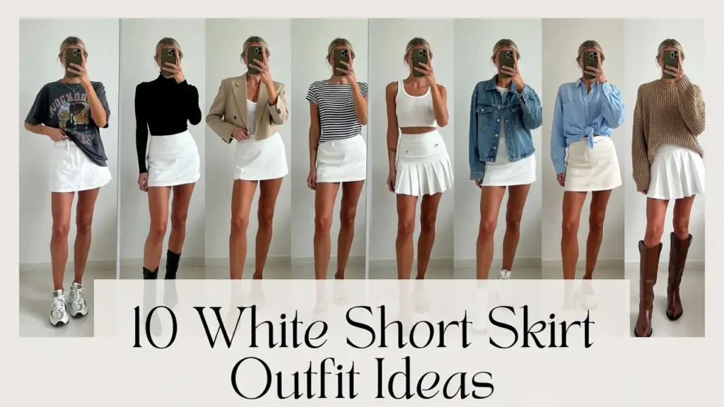 "10 white short skirt outfit ideas collage featuring 8 mirror selfie looks with different tops and shoes